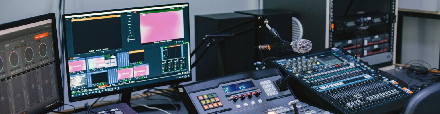 Close up of sound engineer studio with equipment Sound engineer studio. Closeup view.